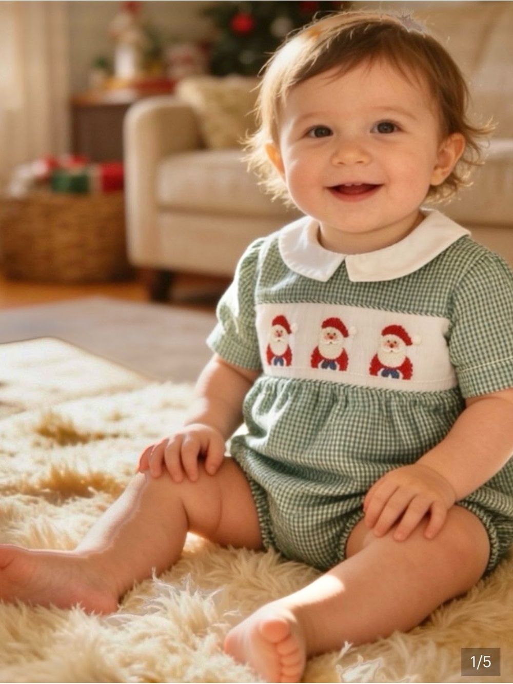 Silly Goose Green Santa Hand Smocked Romper-Estimate 18 months-see measurements